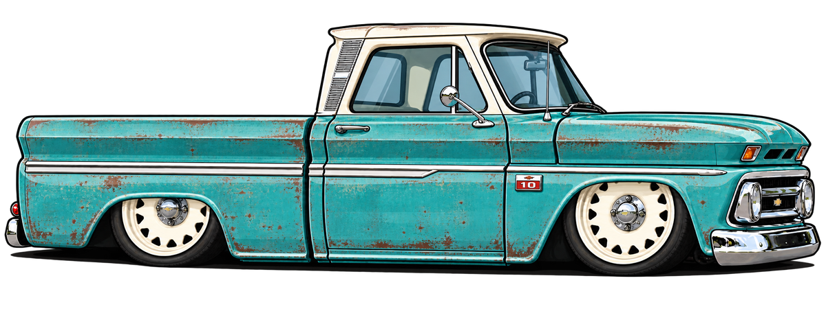 A stylized illustration of a vintage turquoise pickup truck with a cream cab and roof, distressed rust details, and white wheels.