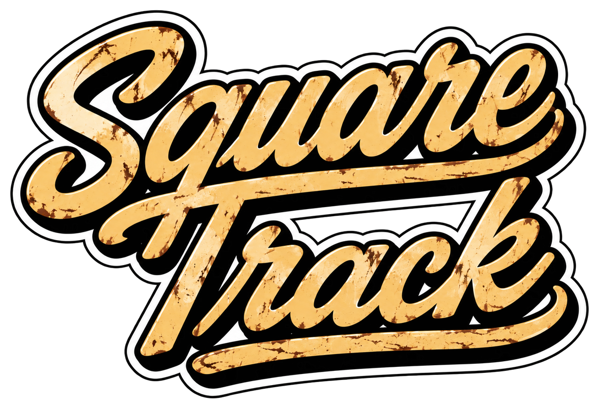 A stylized die-cut sticker or decal featuring the words 'Square Track' in a distressed tan/gold cursive font with black outlines and white borders, shown on a plain white background.